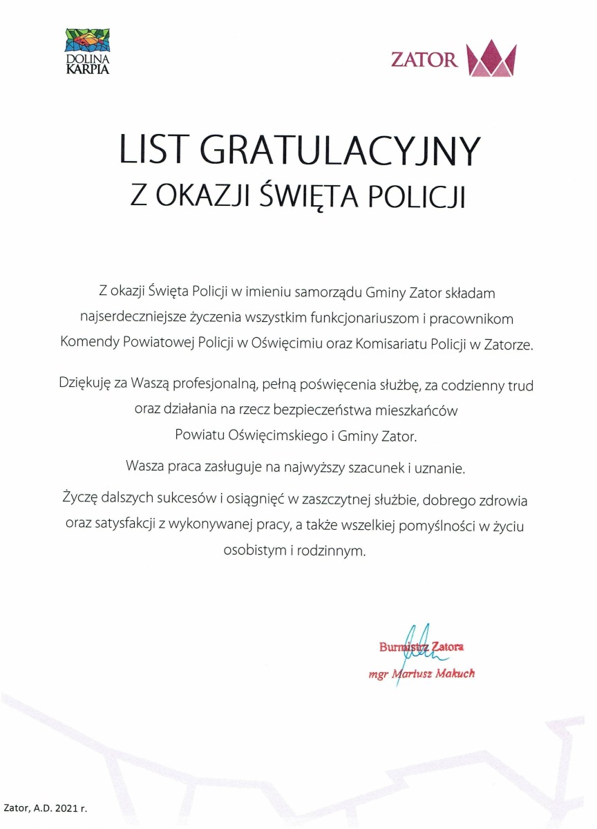 List Gratulacyjny z okazji Święta Policji