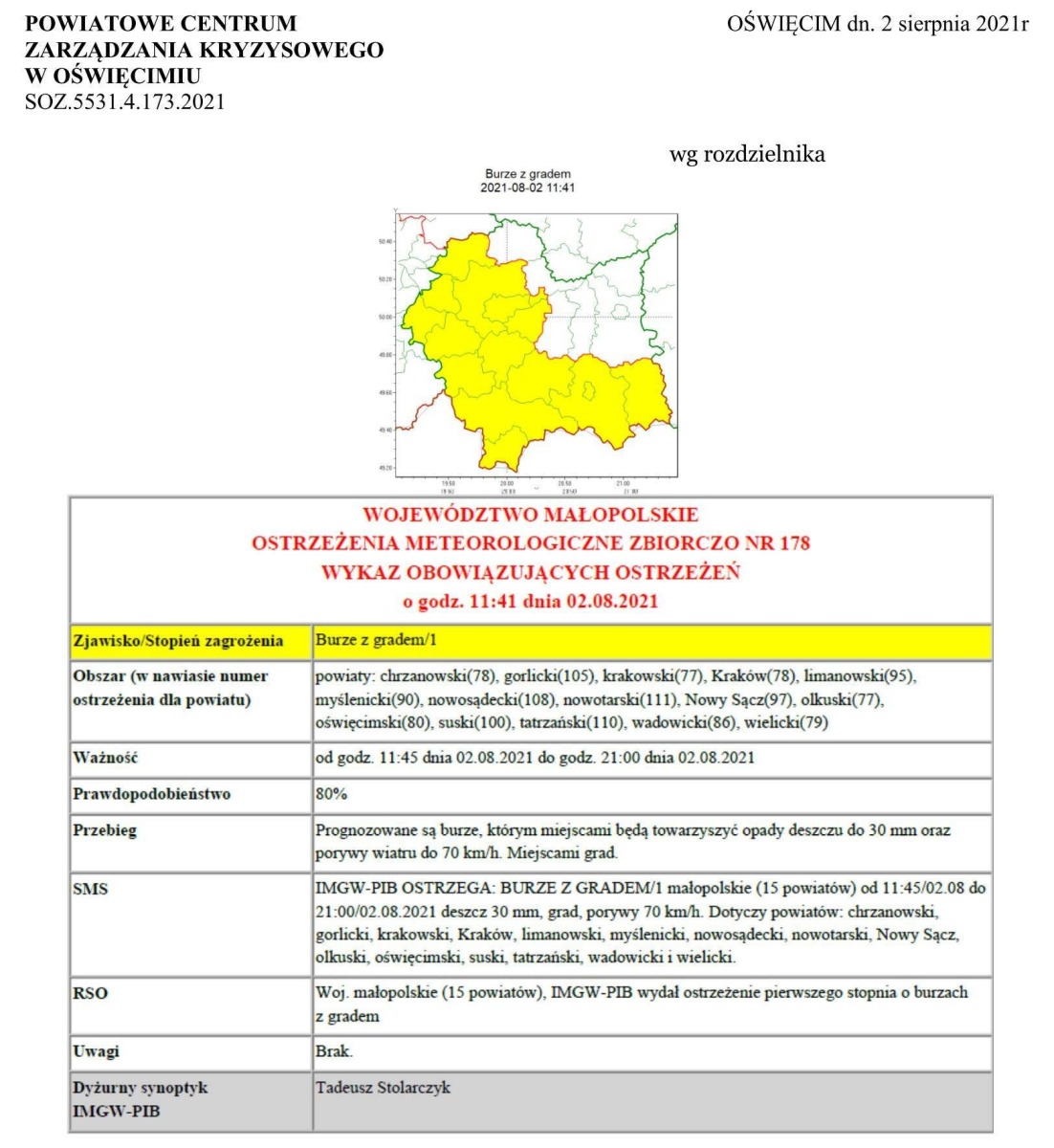 Ostrzeżenie meteorologiczne nr 178 - Burze z gradem/1