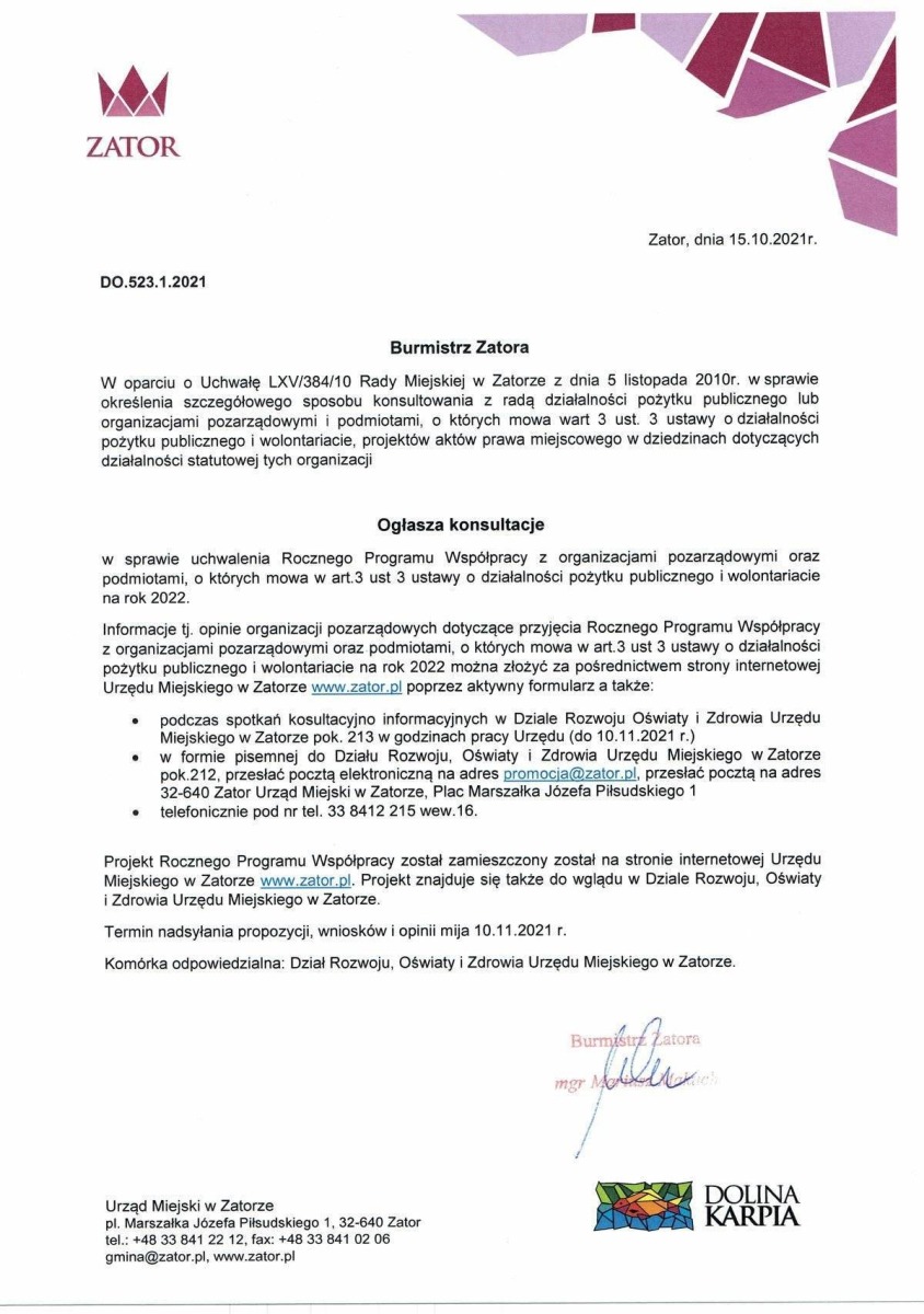 Ogłoszenie Burmistrza Zatora