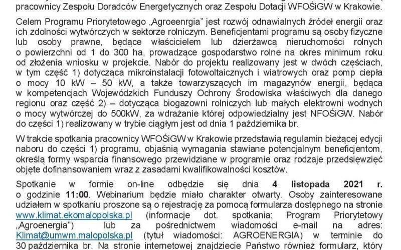 Spotkanie dla rolników dot. Programu "Agroenergia" - webinarium w dniu 4 listopada 2021 roku
