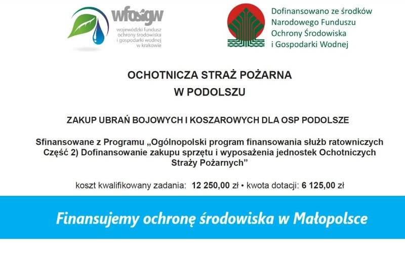 Dotacja z Narodowego Funduszu Ochrony Środowiska i Gospodarki Wodnej dla OSP Podolsze