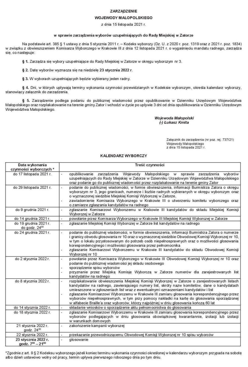 ZARZĄDZENIE WOJEWODY MAŁOPOLSKIEGO z dnia 15 listopada 2021 r.