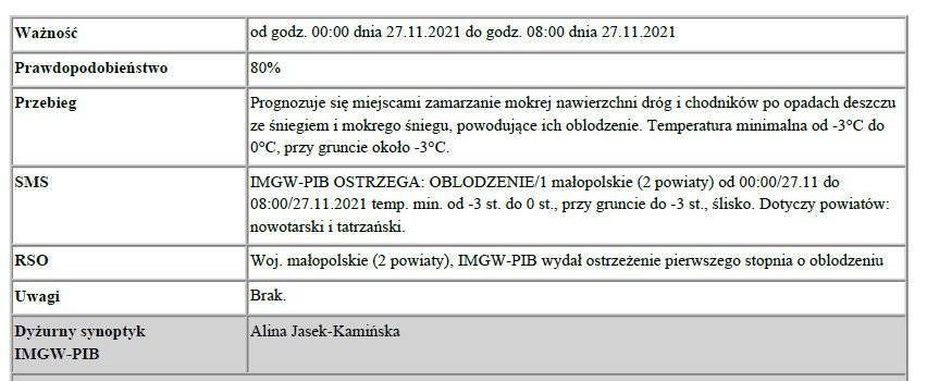 Ostrzeżenie meteorologiczne - Oblodzenie/ 1