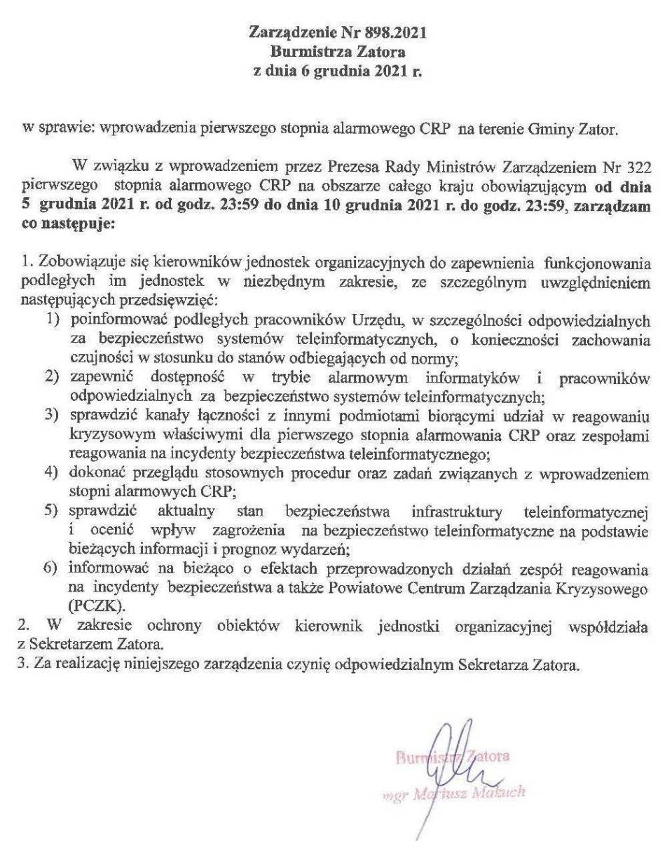 Zarządzenie Nr 898/.2021 Burmistrza Zatora z dnia 6 grudnia 2021r.