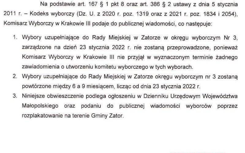 Obwieszczenie Komisarza Wyborczego o nieprzeprowadzaniu wyborów do Rady Miejskiej w Zatorze