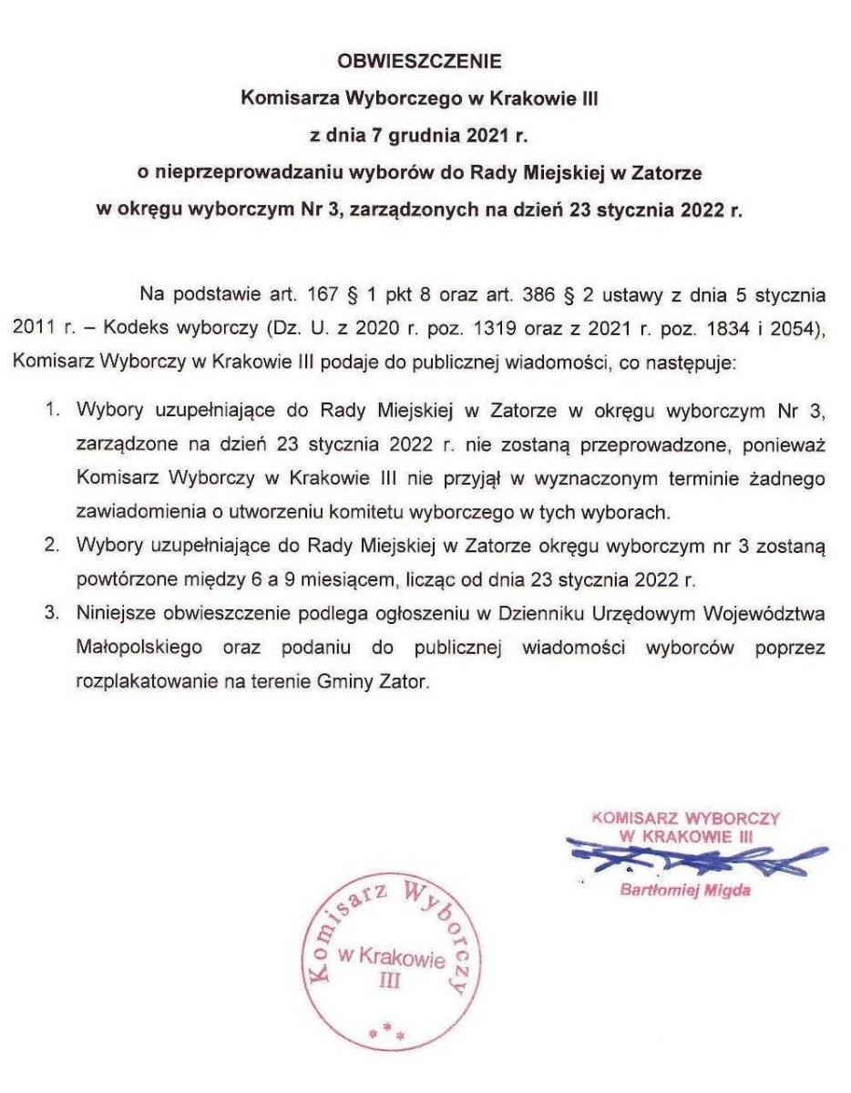 Obwieszczenie Komisarza Wyborczego o nieprzeprowadzaniu wyborów do Rady Miejskiej w Zatorze