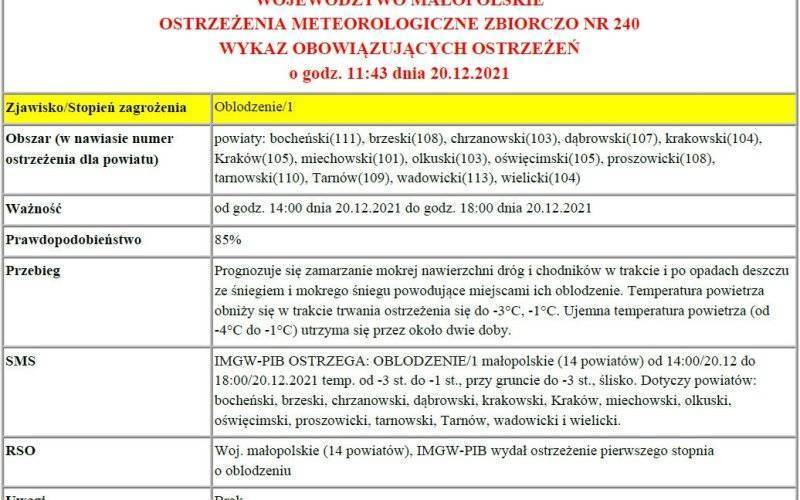 Ostrzeżenie meteorologiczne: Oblodzenie/1