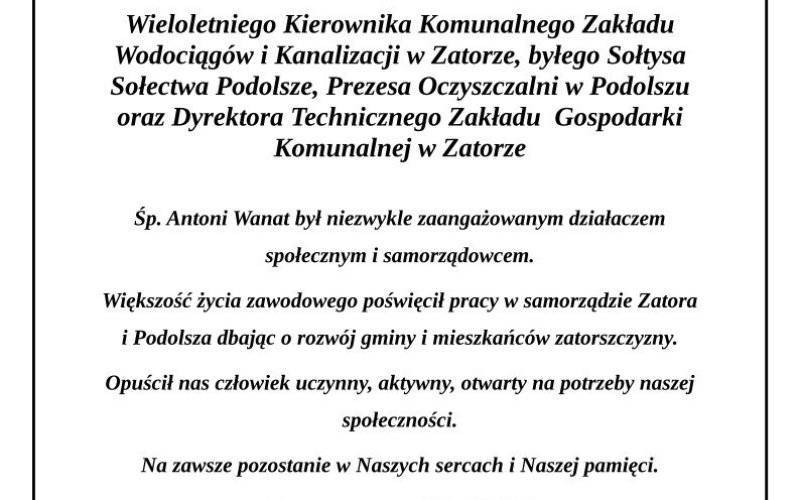 Z głębokim żalem przyjęliśmy wiadomość o śmierci Ś.P. Antoniego Wanata