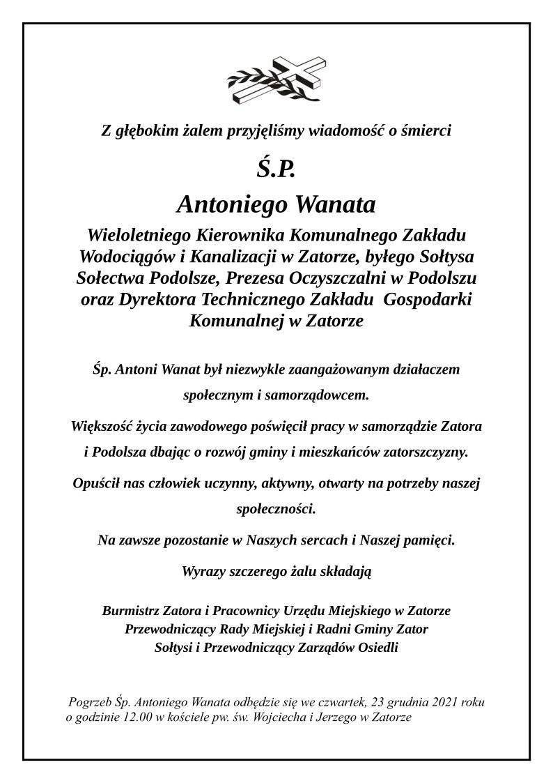 Z głębokim żalem przyjęliśmy wiadomość o śmierci Ś.P. Antoniego Wanata