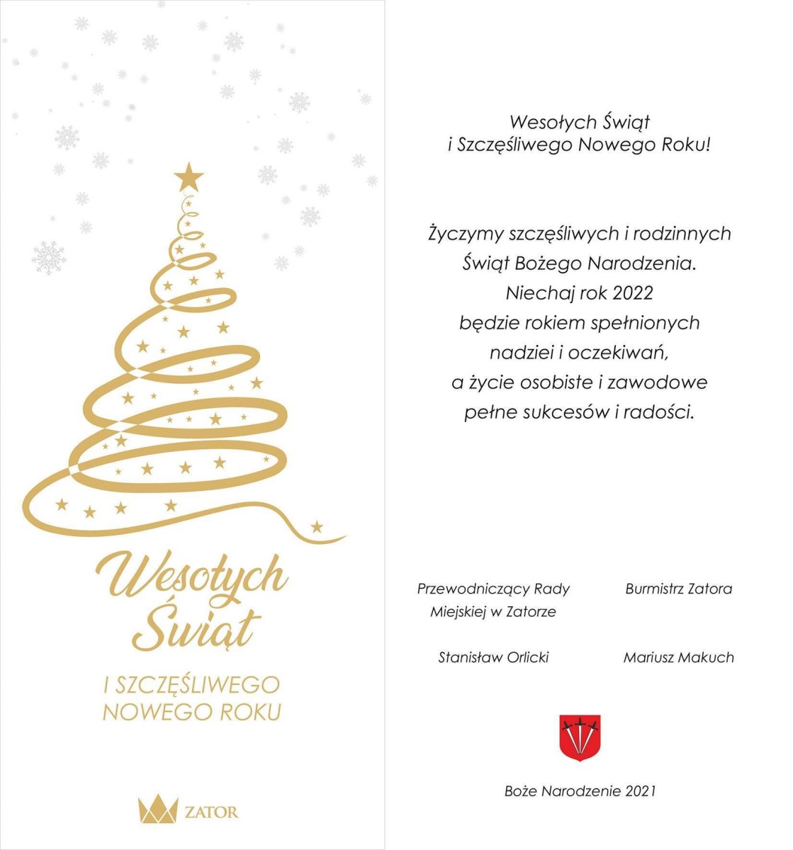 Życzenia świąteczne Burmistrza Zatora i Przewodniczącego Rady Miejskiej w Zatorze
