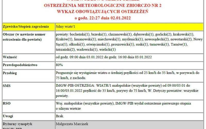 Ostrzeżenie meteorologiczne: Silny wiatr/1