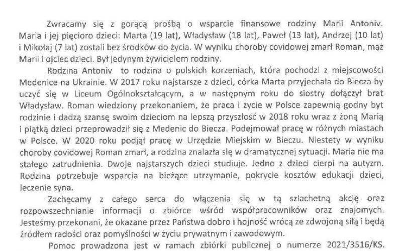 Prośba Burmistrza Biecza o wsparcie