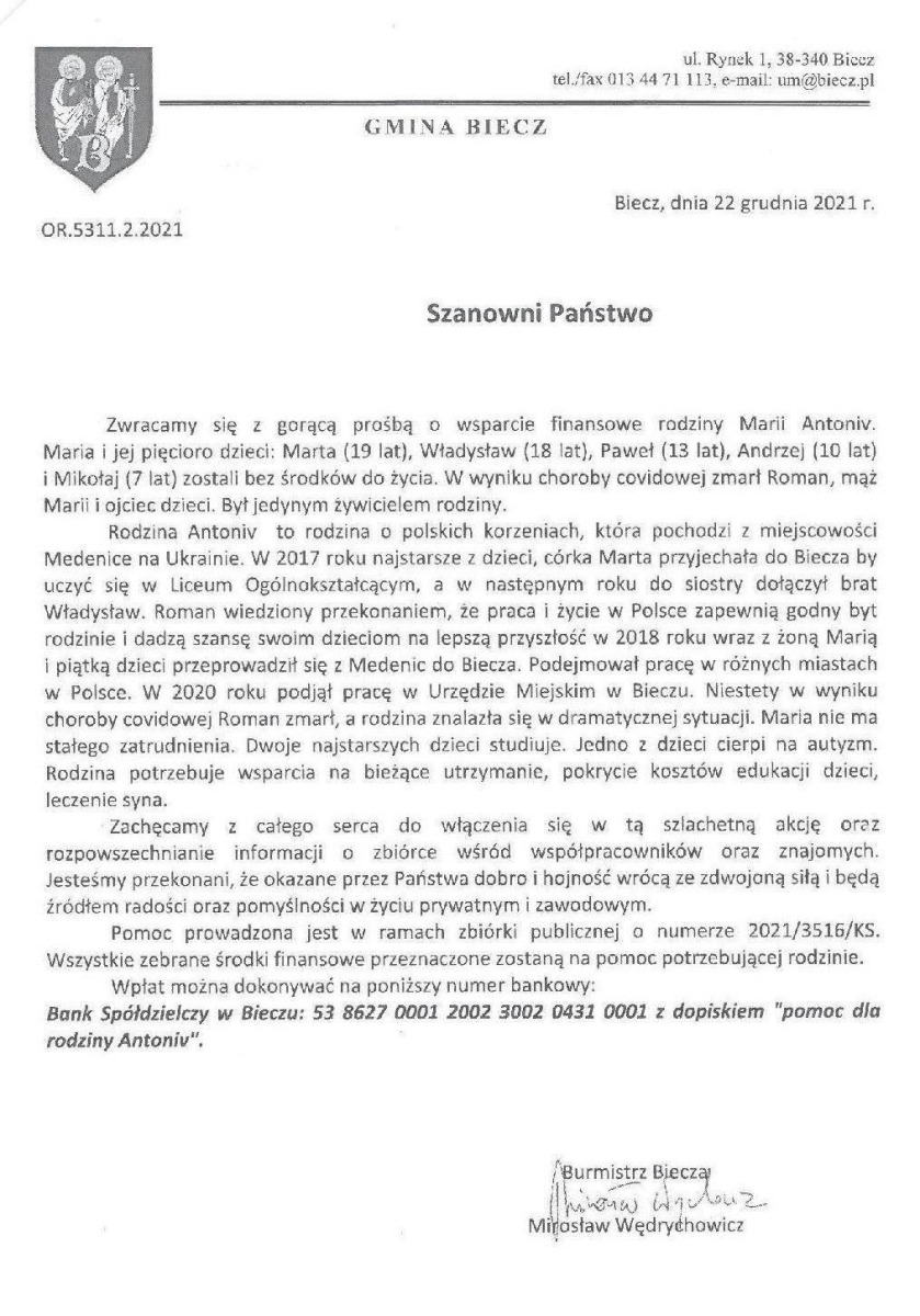 Prośba Burmistrza Biecza o wsparcie