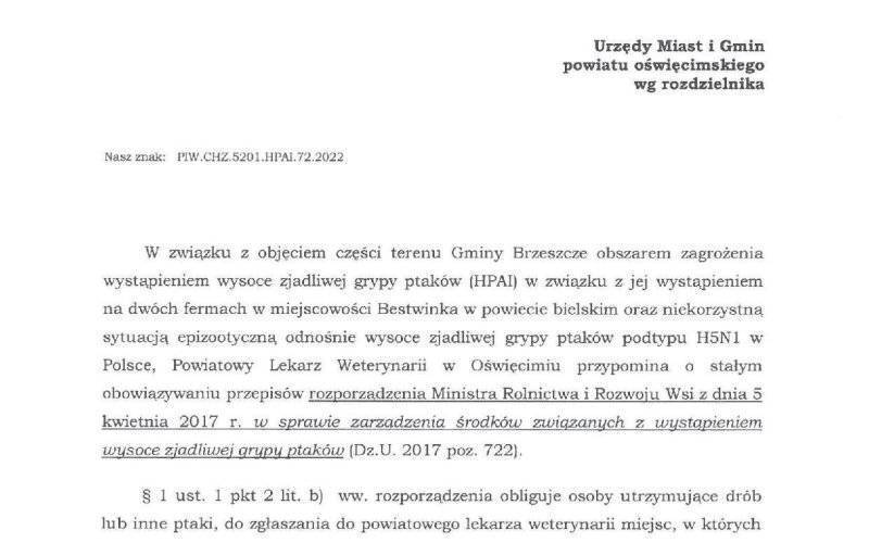 Grypa ptaków - obowiązek zgłoszenia miejsc, w których utrzymywany jest drób lub inne ptaki.