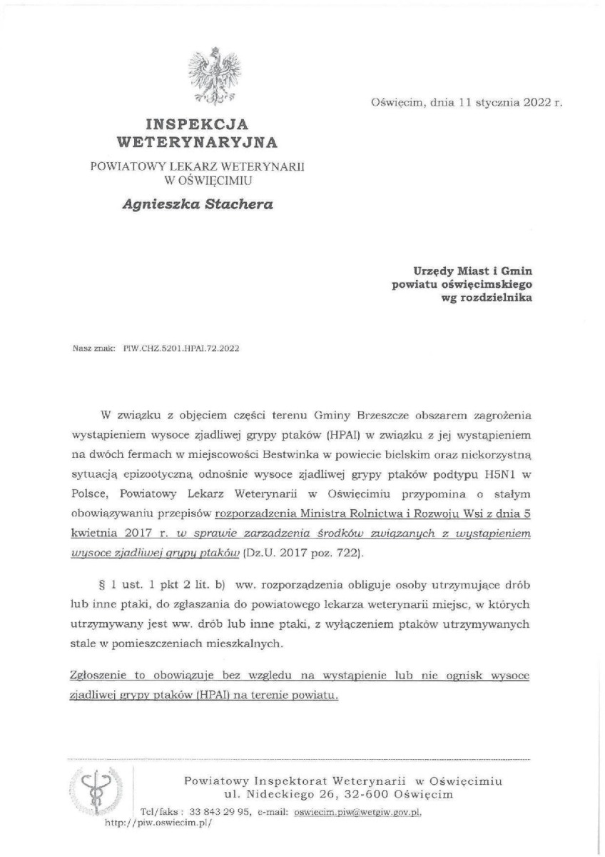 Grypa ptaków - obowiązek zgłoszenia miejsc, w których utrzymywany jest drób lub inne ptaki.