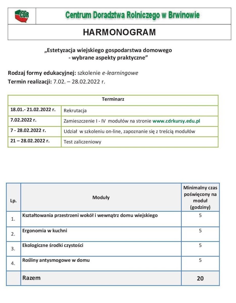 Szkolenie internetowe dla mieszkańców pn. "Estetyzacja wiejskiego gospodarstwa domowego - wybrane aspekty praktyczne"