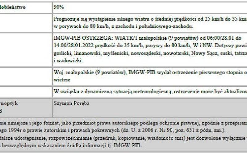 Ostrzeżenie meteorologiczne pierwszego stopnia o silnym wietrze