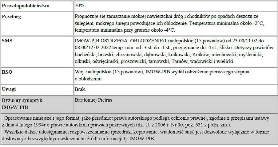 Ostrzeżenie meteorologiczne o oblodzeniu/1