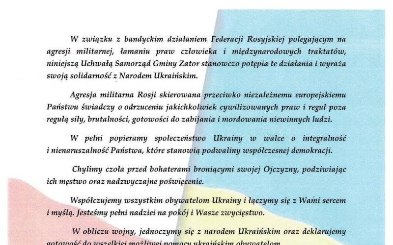 Rezolucja Burmistrza Zatora i Rady Miejskiej w Zatorze
