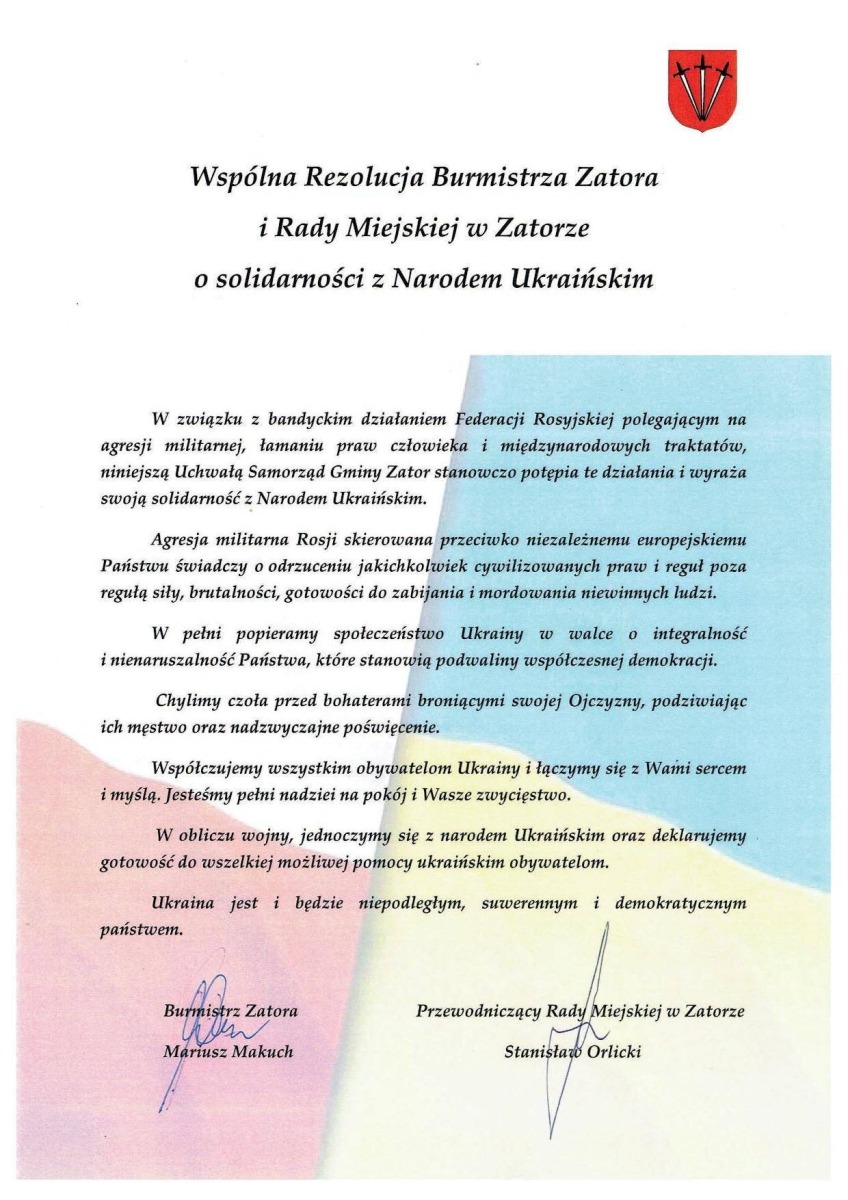 Rezolucja Burmistrza Zatora i Rady Miejskiej w Zatorze
