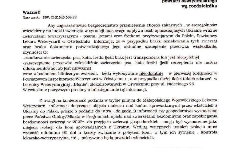 Informacja dot. zwierząt towarzyszących osobom opuszczającym Ukrainę