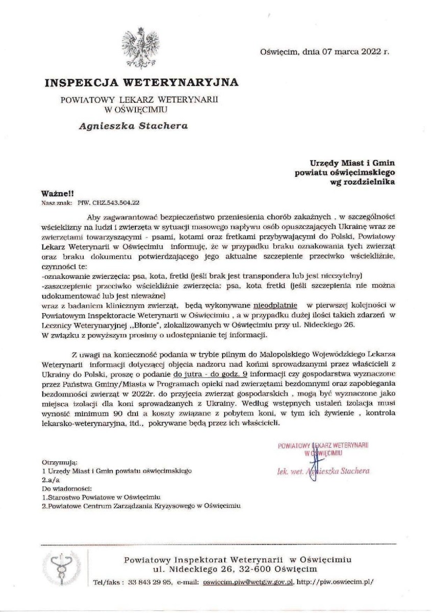 Informacja dot. zwierząt towarzyszących osobom opuszczającym Ukrainę