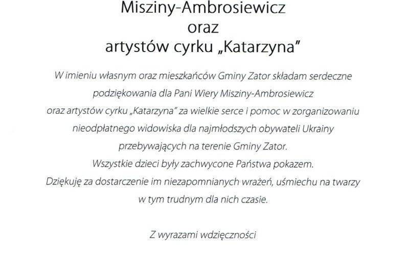 Podziękowanie dla Pani Wiery Misziny-Ambrosiewicz oraz artystów cyrku "Katarzyna"