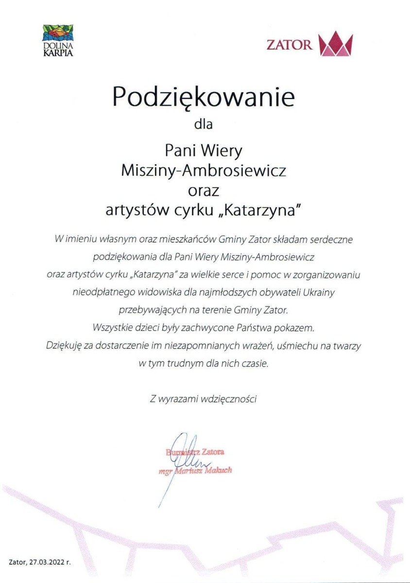 Podziękowanie dla Pani Wiery Misziny-Ambrosiewicz oraz artystów cyrku "Katarzyna"