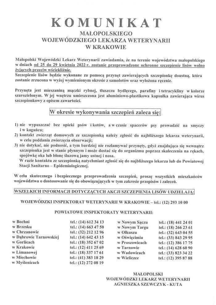 Akcja ochronnego szczepienia lisów przeciwko wściekliźnie w dniach od 25 do 29 kwietnia 2022 roku.