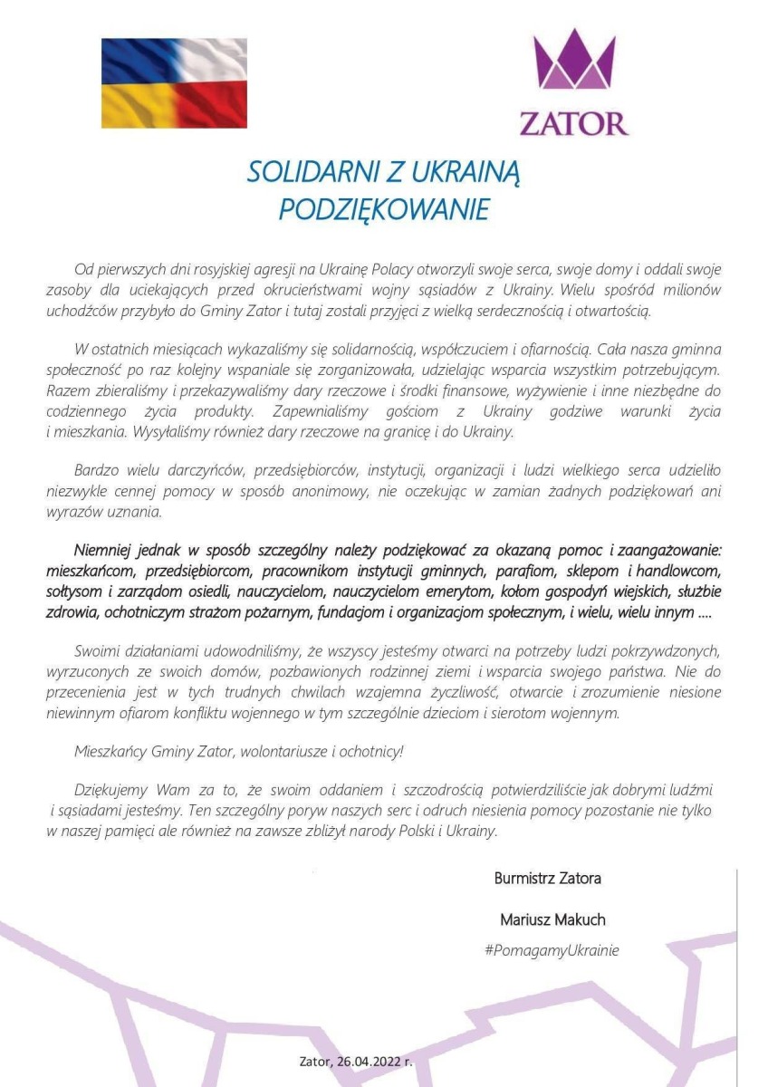 SOLIDARNI Z UKRAINĄ PODZIĘKOWANIE