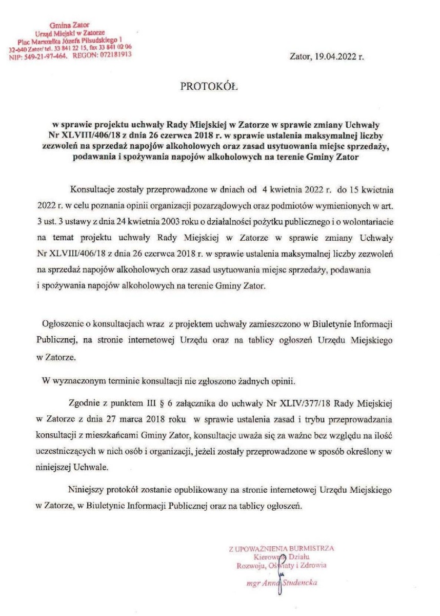 Protokół Rady Miejskiej w Zatorze z dnia 19.04.2022r.