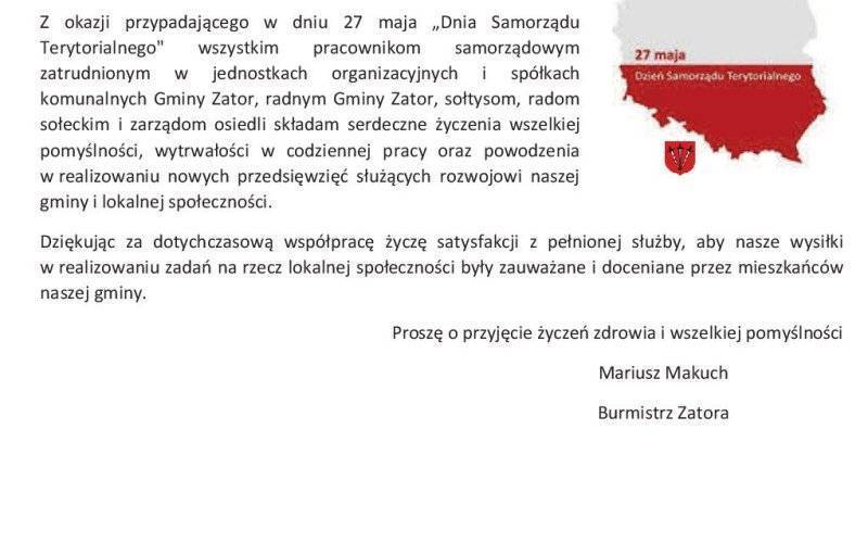 Życzenia z okazji „Dnia Samorządu Terytorialnego”