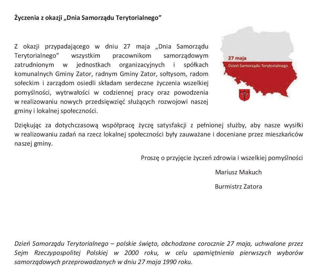 Życzenia z okazji „Dnia Samorządu Terytorialnego”