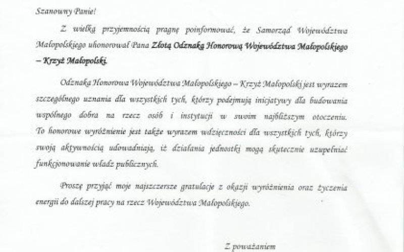 Mieszkaniec Gminy Zator Pan Stanisław Brzeźniak uhonorowany przez Samorząd Województwa Małopolskiego