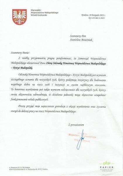 Mieszkaniec Gminy Zator Pan Stanisław Brzeźniak uhonorowany przez Samorząd Województwa Małopolskiego