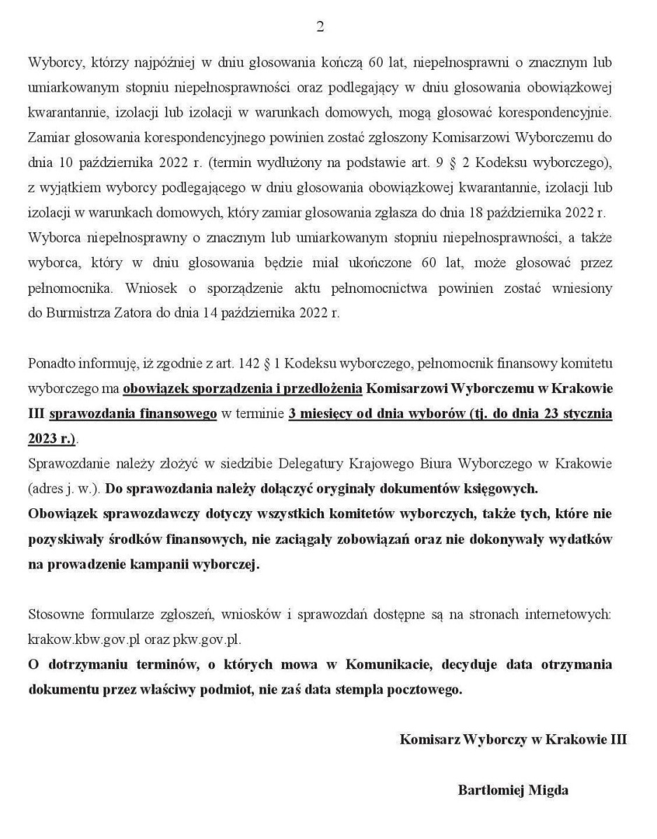 Komunikat Komisarza Wyborczego w Krakowie III z dnia 20 lipca 2022 r.