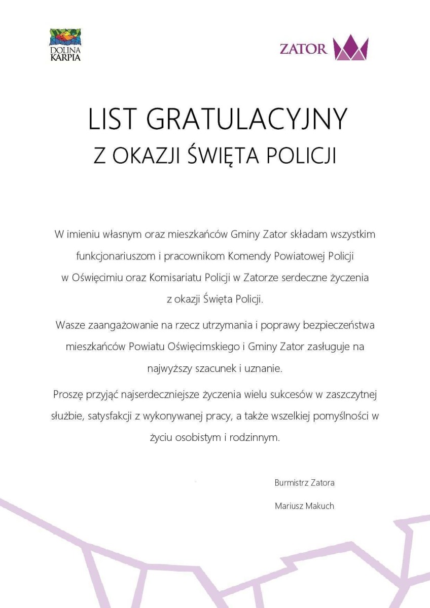 LIST GRATULACYJNY Z OKAZJI ŚWIĘTA POLICJI