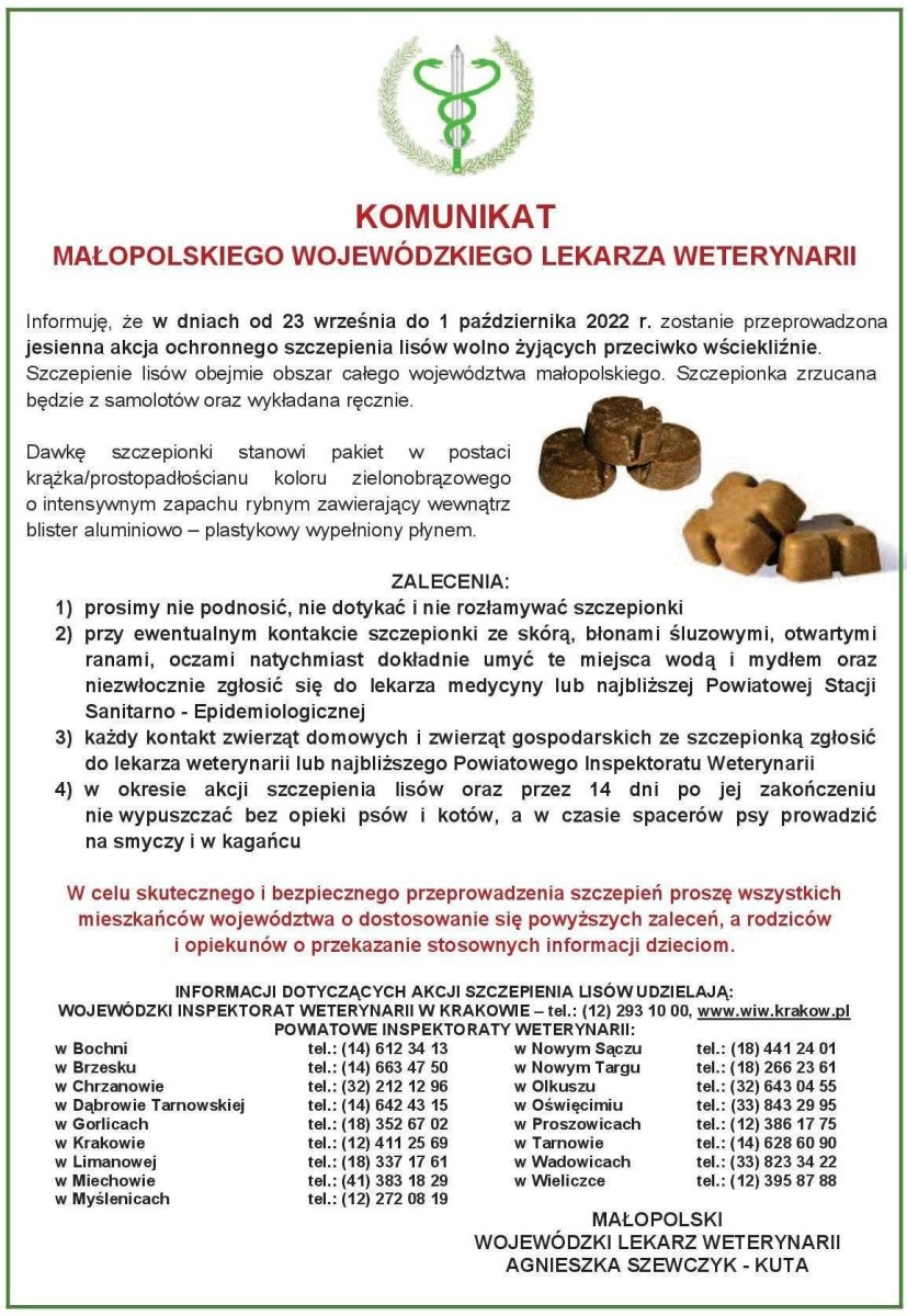 Jesienna akcja ochronnego szczepienia lisów przeciwko wściekliźnie w dniach od 23.09.2022 r. do 01.10.2022 r.