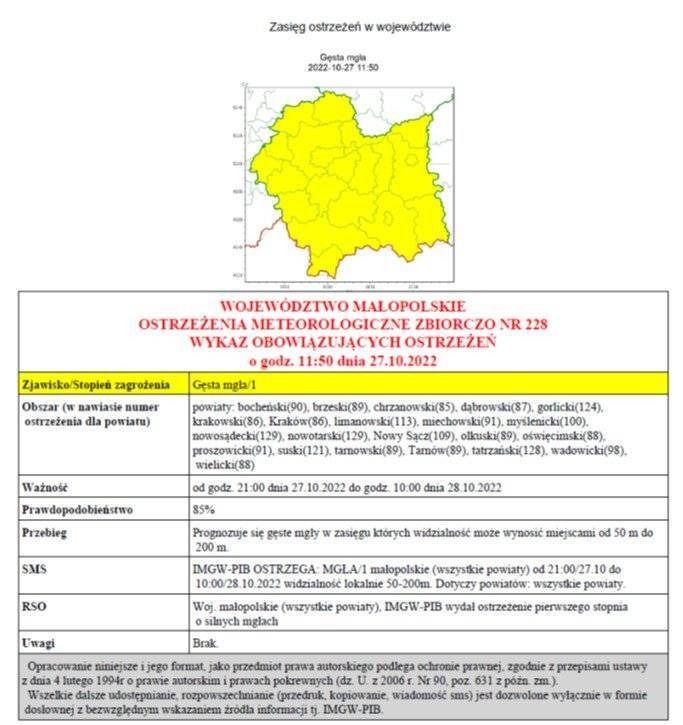 Ostrzeżenie meteorologiczne Nr 228 _Gesta_Mgla_1 stopnia
