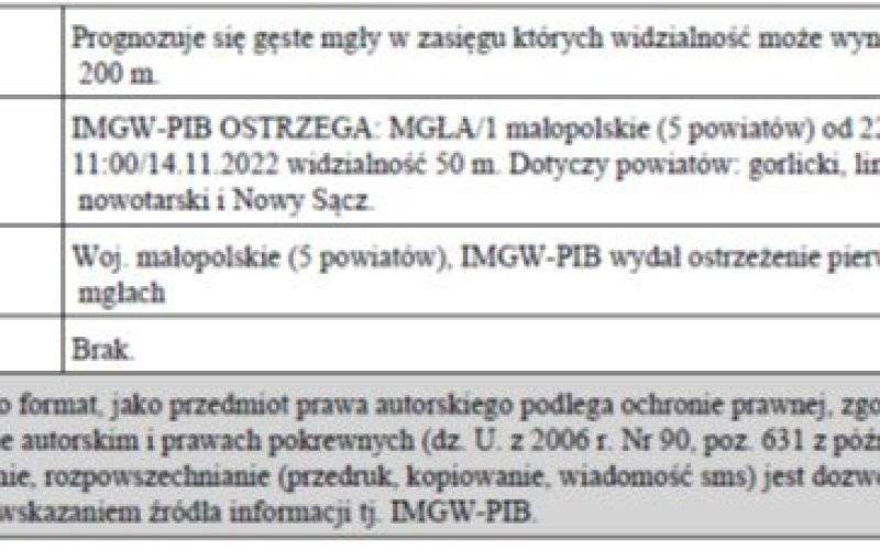 Ostrzeżenie meteorologiczne Nr 237 _Gesta_Mgla_1 stopnia_13.11.2022