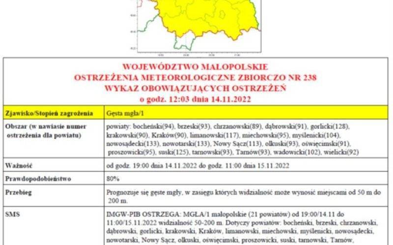 Ostrzeżenie meteorologiczne Nr 238 _Gesta_Mgla_1 stopnia_