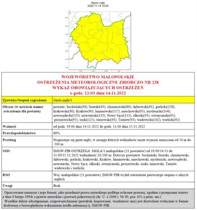 Ostrzeżenie meteorologiczne Nr 238 _Gesta_Mgla_1 stopnia_