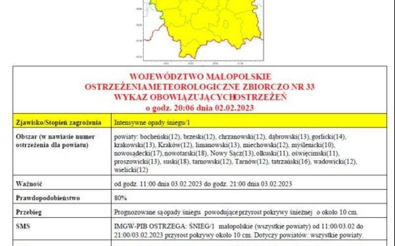 Ostrzeżenie meteorologiczne nr 33 - Opady śniegu 1