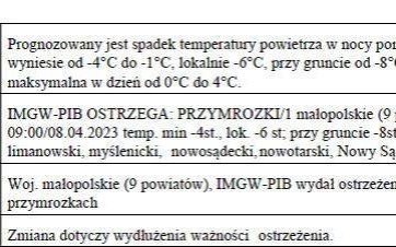Ostrzeżenie meteorologiczne zbiorcza nr 92 przymrozki