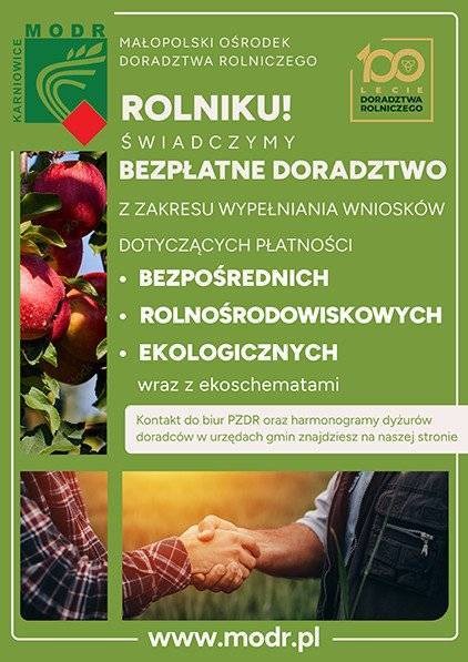 Informacja dotycząca bezpłatnej pomocy świadczonej rolnikom przez doradców Małopolskiego Ośrodka Doradztwa Rolniczego
