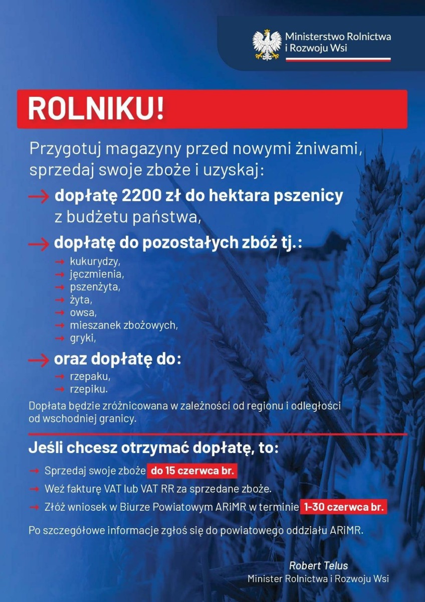 Informacje dla rolników dotyczące dopłat do zbóż oraz rzepaku i rzepiku
