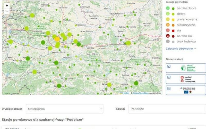 Dostępność online odczytów z miernika jakości powietrza zamontowanego na budynku szkoły w Podolszu