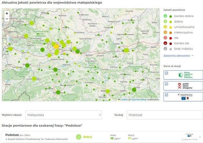Dostępność online odczytów z miernika jakości powietrza zamontowanego na budynku szkoły w Podolszu
