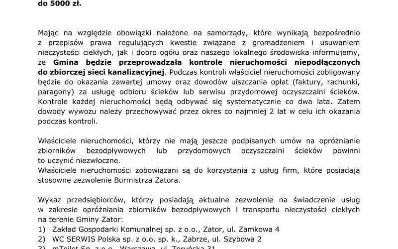 Informacja dotycząca posiadania zbiorników bezodpływowych (szamb) oraz przydomowych oczyszczalni ścieków