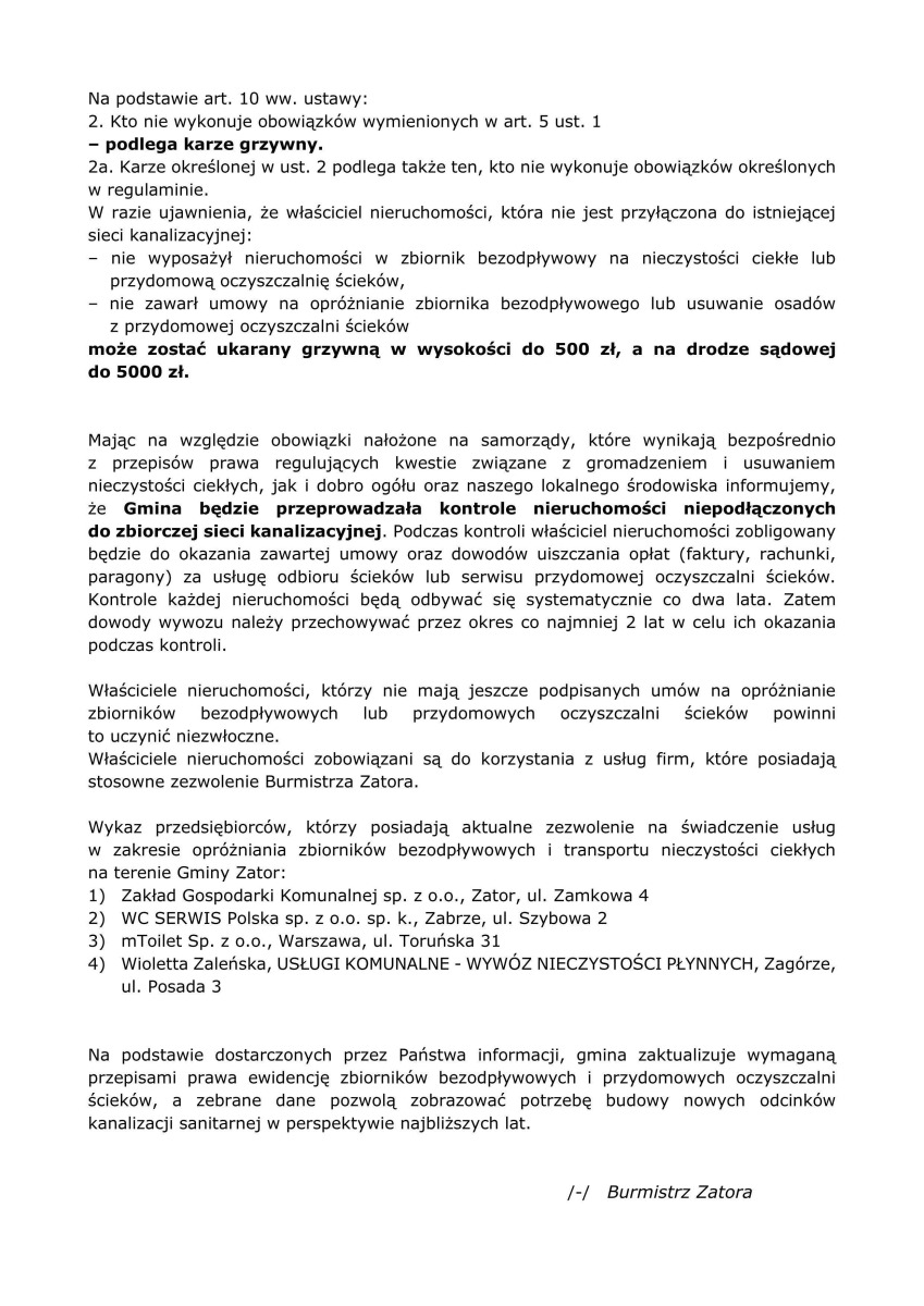 Informacja dotycząca posiadania zbiorników bezodpływowych (szamb) oraz przydomowych oczyszczalni ścieków